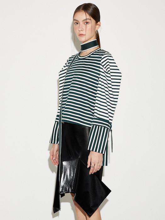 Puff Sleeve Stripe Crop Sweatshirt_Green
