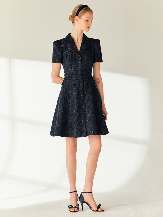 GIANNA Notched collar tweed mini dress (Cream/Navy)