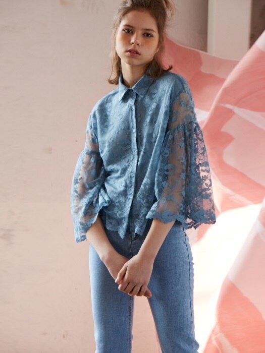  lace shirring blouse_blue