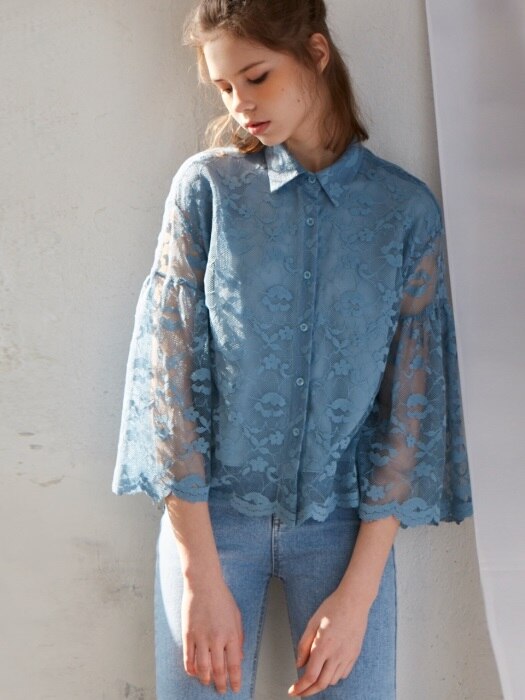  lace shirring blouse_blue