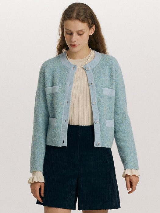 WOOLWICH Round neck crop Wool knit cardigan (Light blue/Gray)