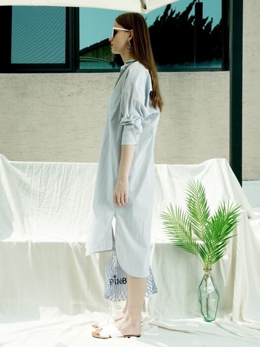 STRIPE COTTON LONG-SHIRT DRESS_BL