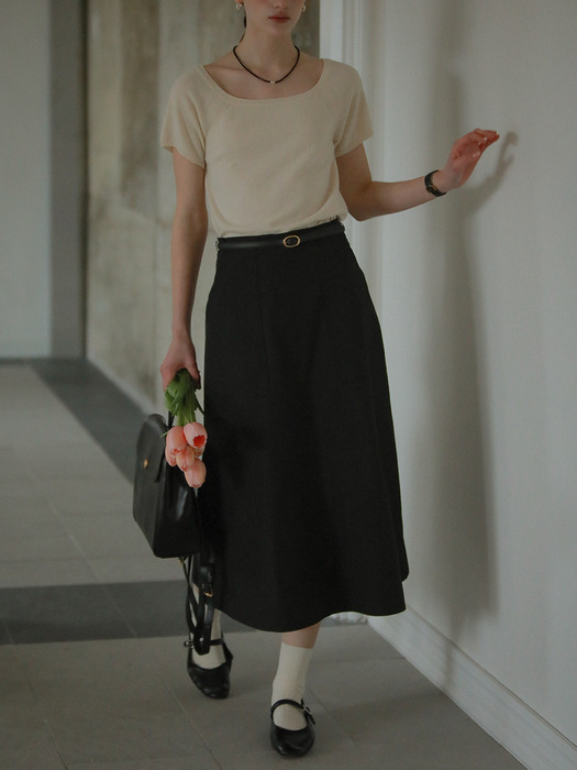 Double stitch midi flared skirt_Black