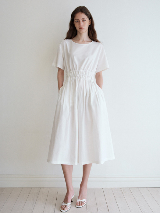 Pintuck Flare Dress-white