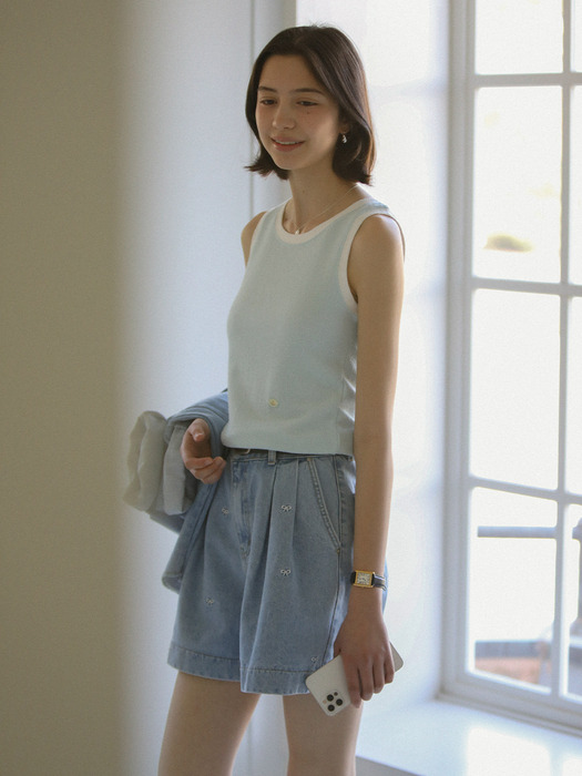 Cotton contrast sleevelsee top_Blue