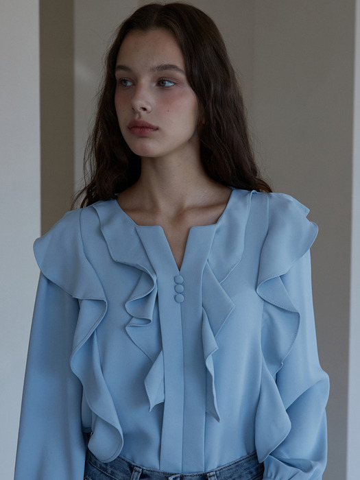iuw179 frill V-neck blouse bluse (skyblue)
