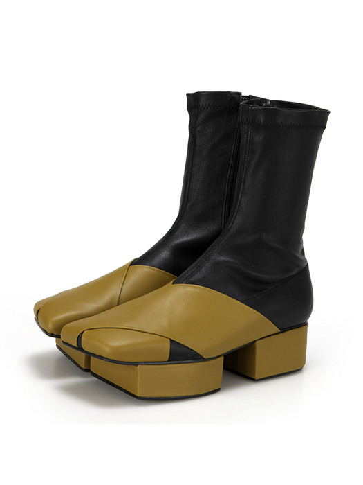 Squared toe platform sock boots | Olive