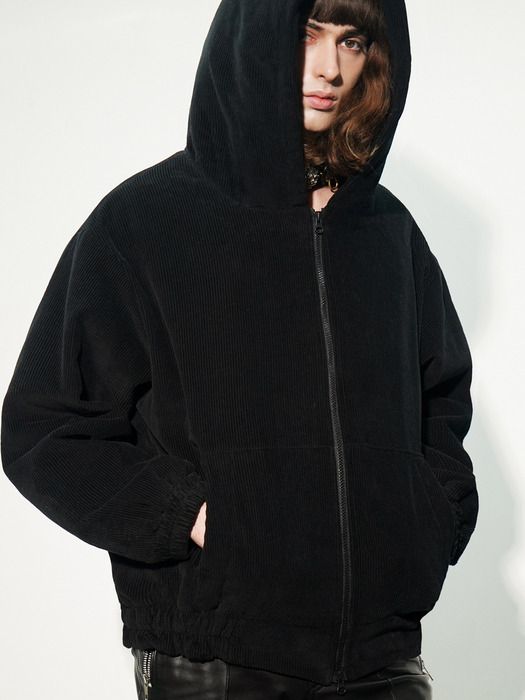 Cotton-Corduroy Oversized Zip-Through Hoodie[Black(UNISEX)]_UTO-FH91