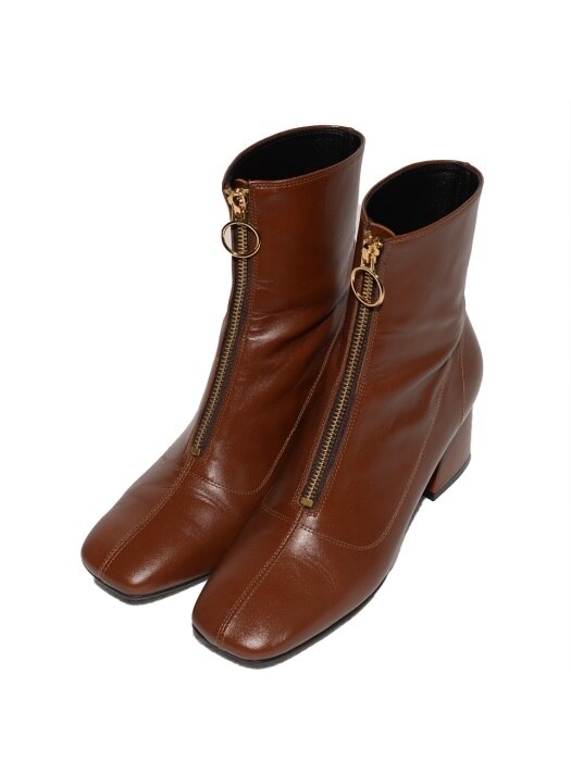 Front Zipper Leather Boots Brown
