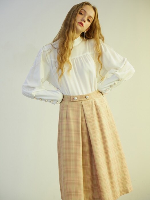 BEIGE PINK CHECK FLARE SKIRT