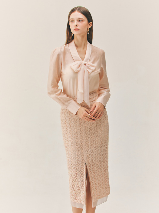 ELDORA Chiffon layered H-line lace long skirt (Ivory/Peach pink)