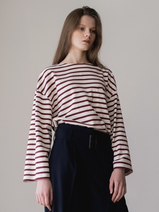 Her Pocket Loose Fit Cotton Tshirts (Burgundy Stripe)