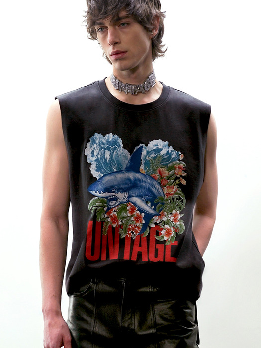 Tropical Printed Oversized Sleeveless T-shirt[Black(UNISEX)]_UTT-ST43