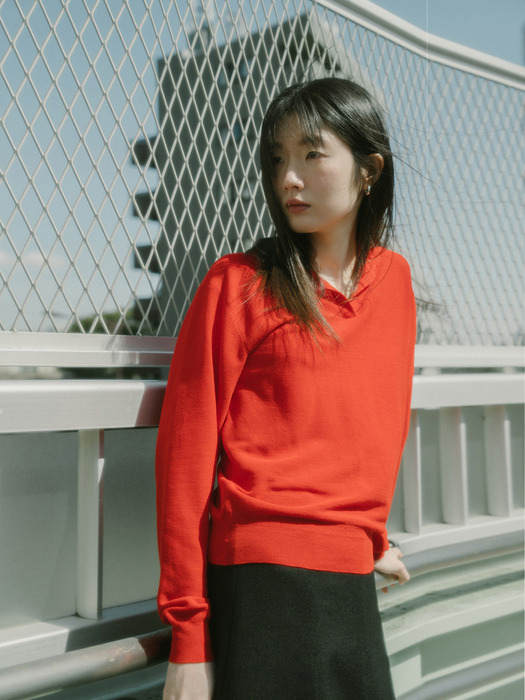 COTTON LOOSE COLLAR KNIT TOP_RED