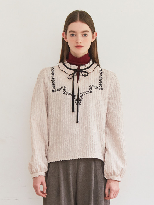 [LINE] Flower Embroidered Ribbon Blouse