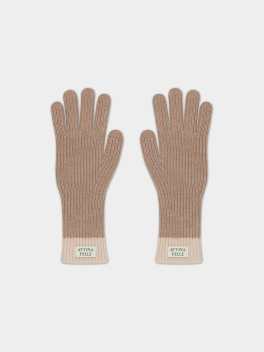 Cashmere Blend Ribbed Knit Gloves - Chestnut/Beige