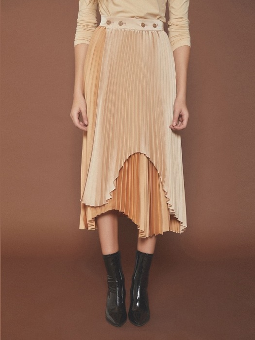 Asymmetric color block pleats skirt [BEIGE]