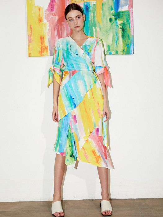  Abstract Wrap Dress-Blue 