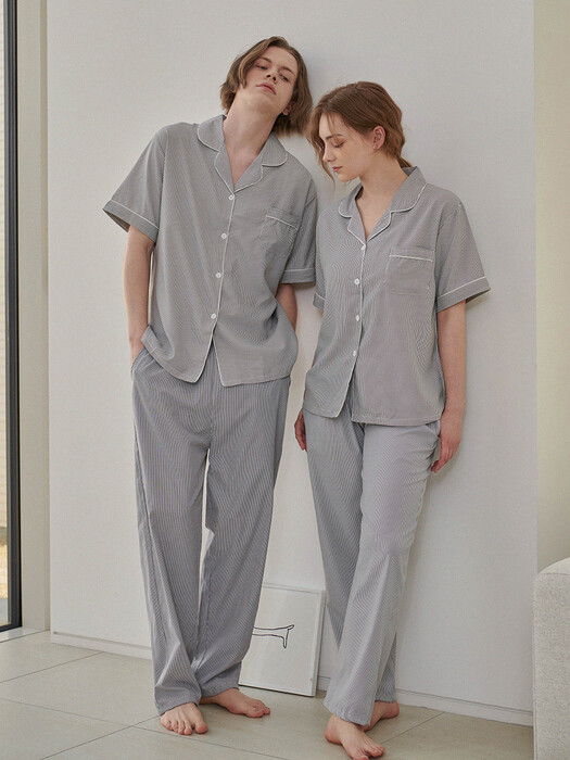 커플 컴포트 스트라이프 라인 반팔 + 긴바지 잠옷 세트 파자마 홈웨어