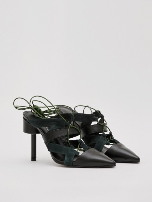 DALI 100 LACE-UP GLADIATOR SANDAL IN BLACK AND DAKR GREEN LEATHER