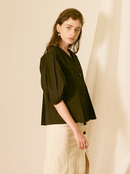 Isabelle Pleated Button Blouse_Black