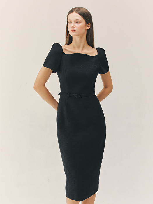 HAVEN Curved neck H-line tweed long dress  (Black)