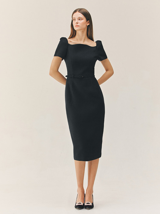 HAVEN Curved neck H-line tweed long dress  (Black)