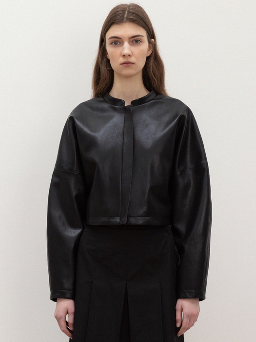 faux leather stand collared jacket (black)