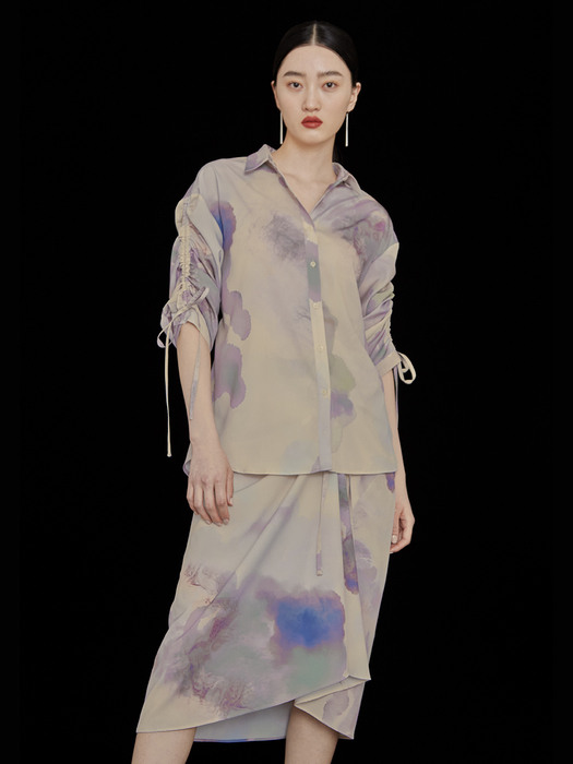 Marble shirring-sleeve blouse (purple)