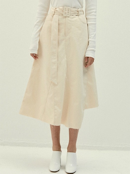 CREAM belted patchwork denim skirts(IB014)