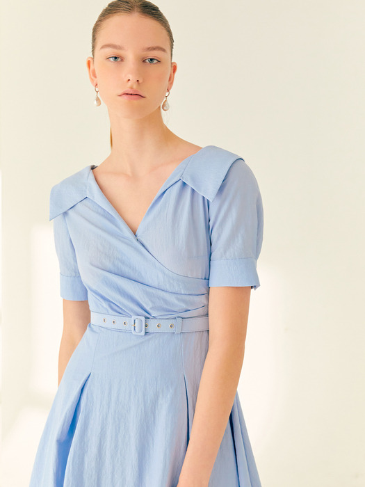 ELLIE V-neck short sleeve shirred shirt dress (Light Blue/Off white)