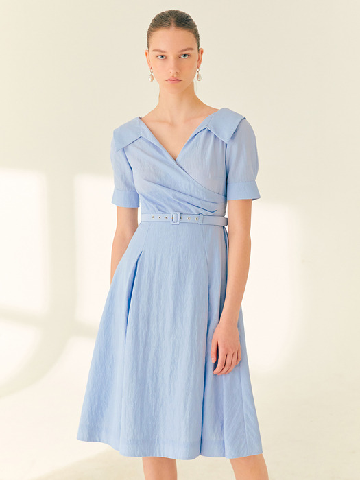 ELLIE V-neck short sleeve shirred shirt dress (Light Blue/Off white)