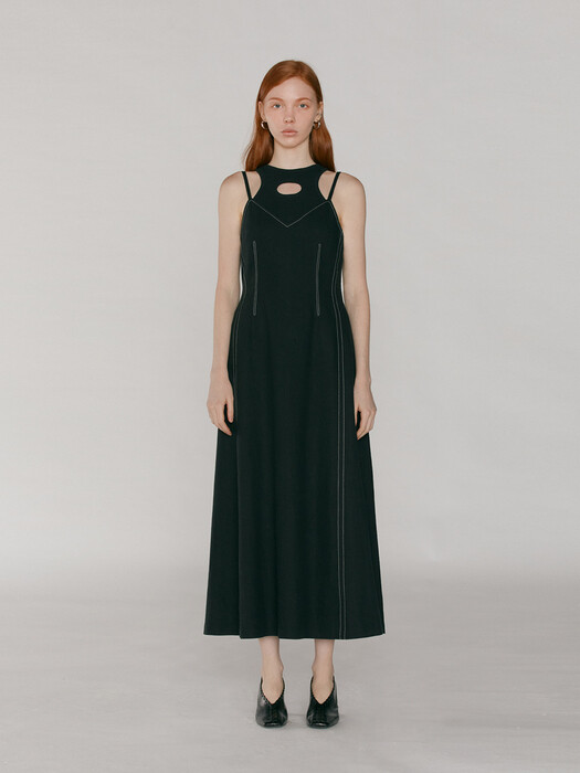 Contrast Stitch Cut-Out Dress_Black