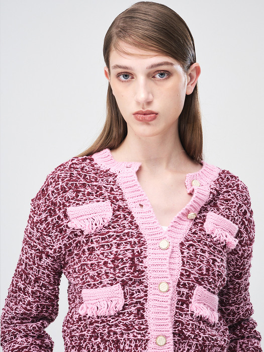 Mix Tweed Fringe Knit Cardigan, Pink