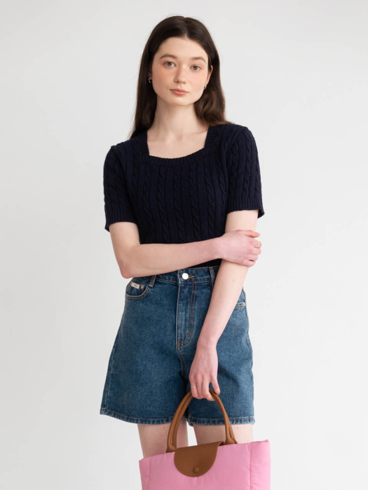 A SQUARE NECK CABLE HALF KNIT_NAVY
