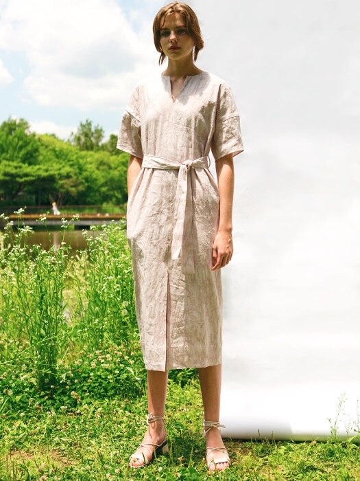 Jaquard linen dress, Pink