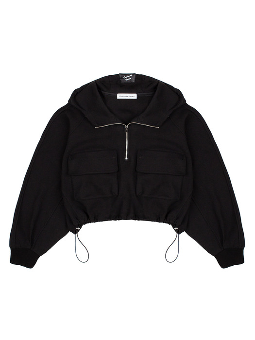 24SS Crop string hoodie sweat shirt_Black