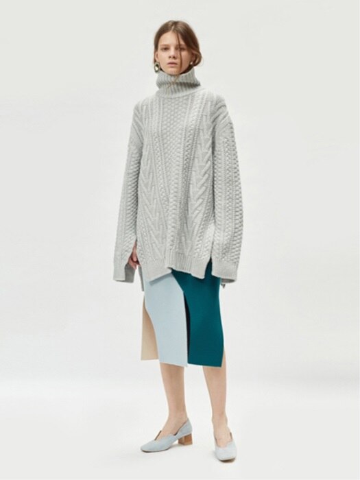17FW CURVED COLORBLOCK WOOL SKIRT (LIGHT BLUE/GREEN)