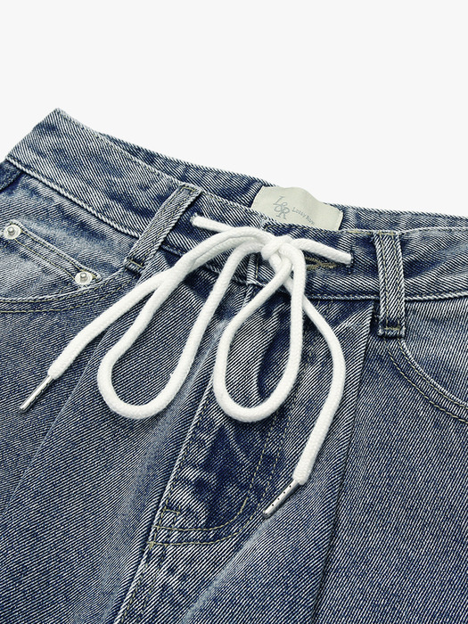 Wide string denim pants Wash blue