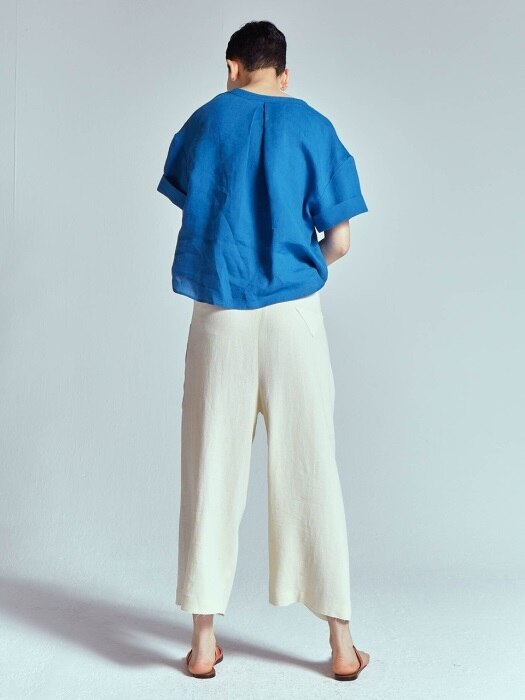 LINEN ROLL UP LETTERING BLOUSE [BLUE]