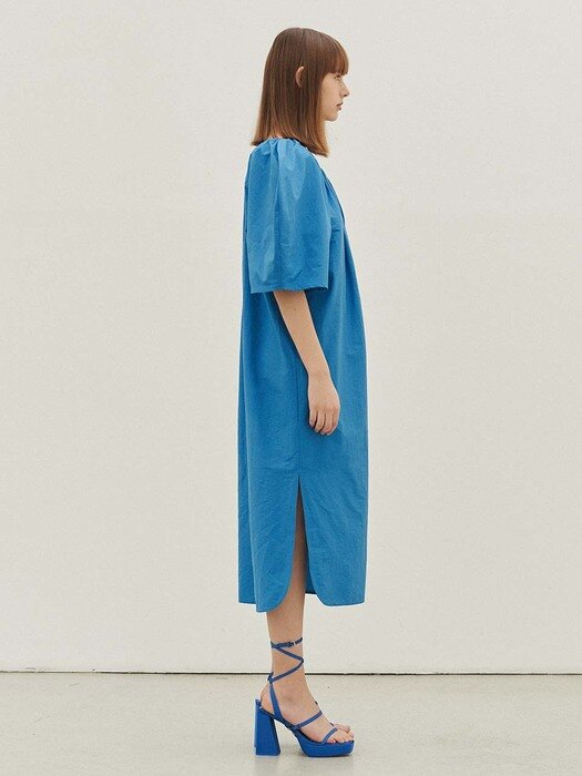 Giselle Puffsleeve Linen Midi Dress (Azure)