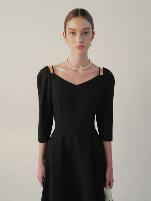 HEIDI V-neck flared long dress (Charcoal gray/Black)