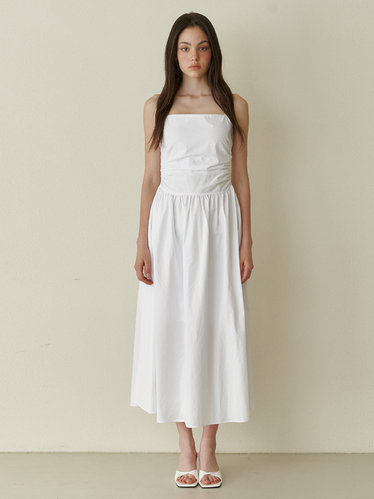 Pure semi shirring long dress - white