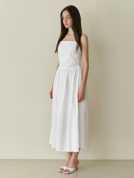 Pure semi shirring long dress - white