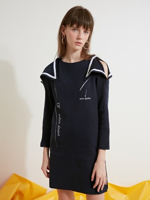 SHOULDER CUT PIPING KNIT ONE-PIECE - NAVY