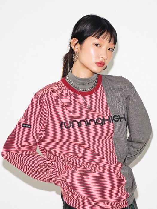 COLOR BLOCK STRIPE OVERSIZED TEE [RED]