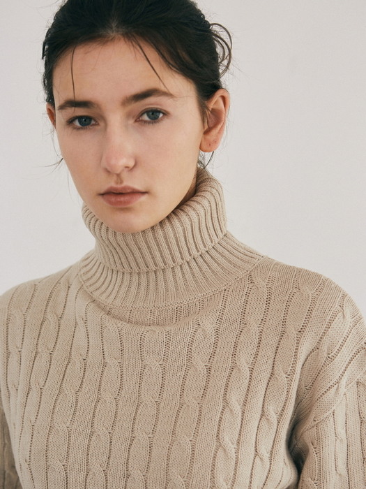 RIB CABLE TURTLENECK KNIT_BEIGE