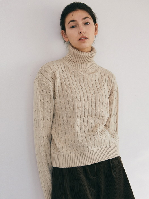 RIB CABLE TURTLENECK KNIT_BEIGE