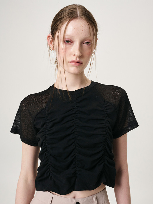 Knit Sleeve Shirring T-Shirt, Black