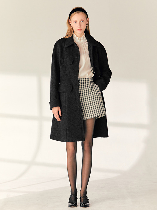MELORA Stand collar semi A-line wool half coat (Black)